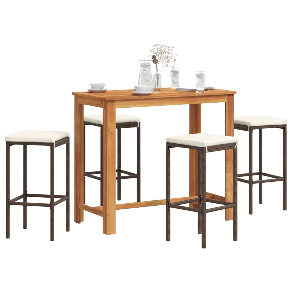 5 Pcs conjunto de bar p/ jardim acácia maciça/vime PE castanho