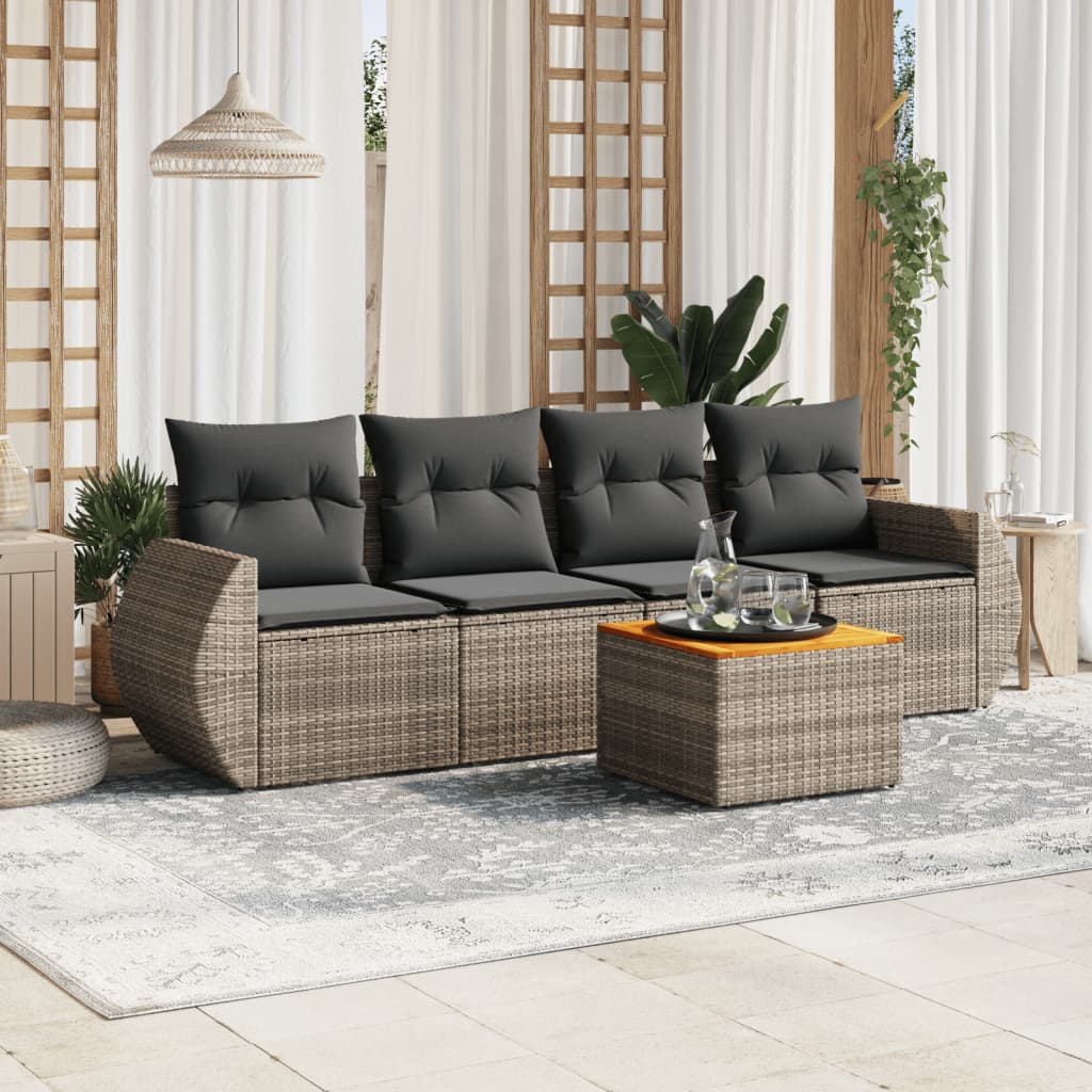 5 Pcs conjunto sofás de jardim c/ almofadões vime PE cinzento