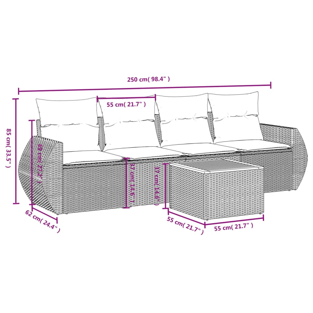 5 Pcs conjunto sofás de jardim c/ almofadões vime PE cinzento