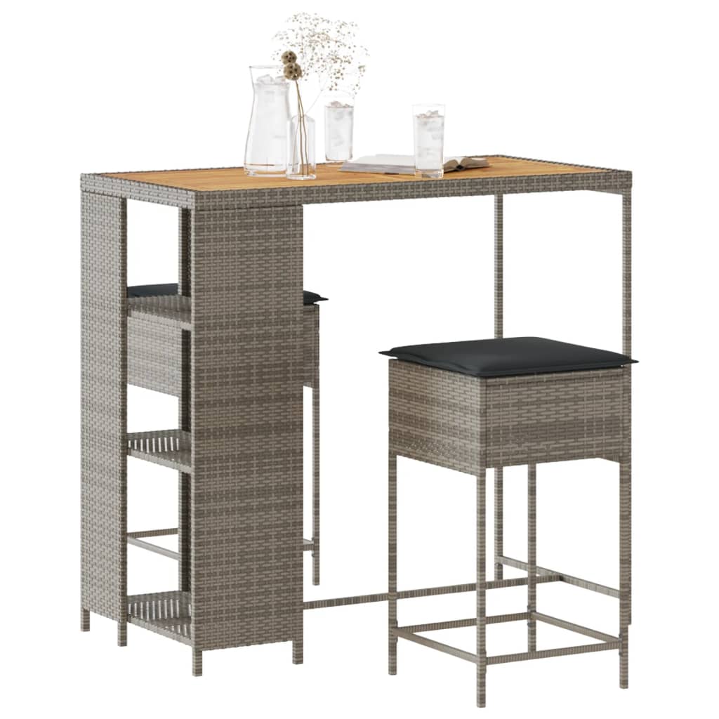 3 Pcs conjunto de bar p/ jardim c/ almofadões vime PE cinzento