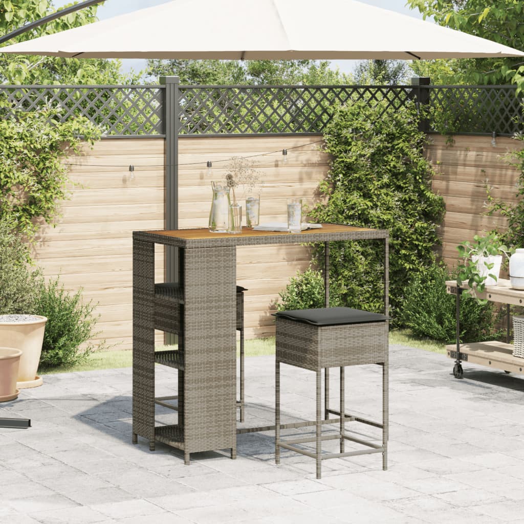 3 Pcs conjunto de bar p/ jardim c/ almofadões vime PE cinzento