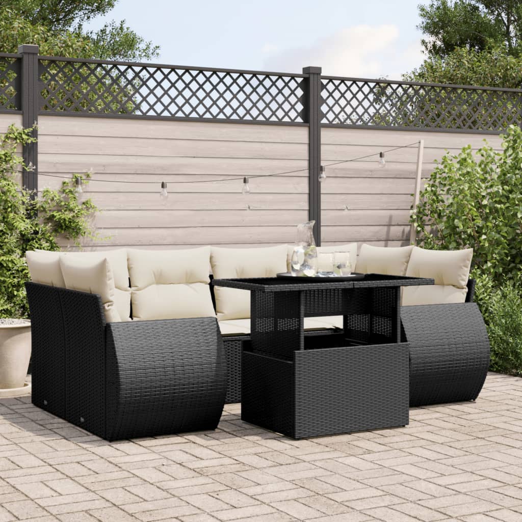 7 Pcs conjunto de sofás p/ jardim c/ almofadões vime PE preto