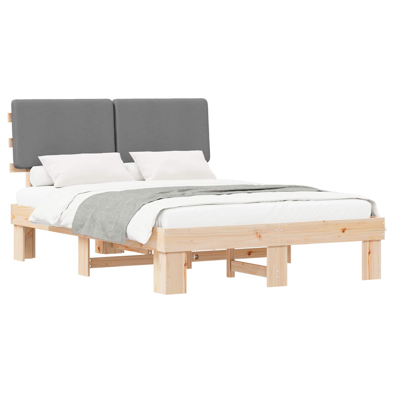 Estrutura de cama com cabeceira estofada cinzento-claro