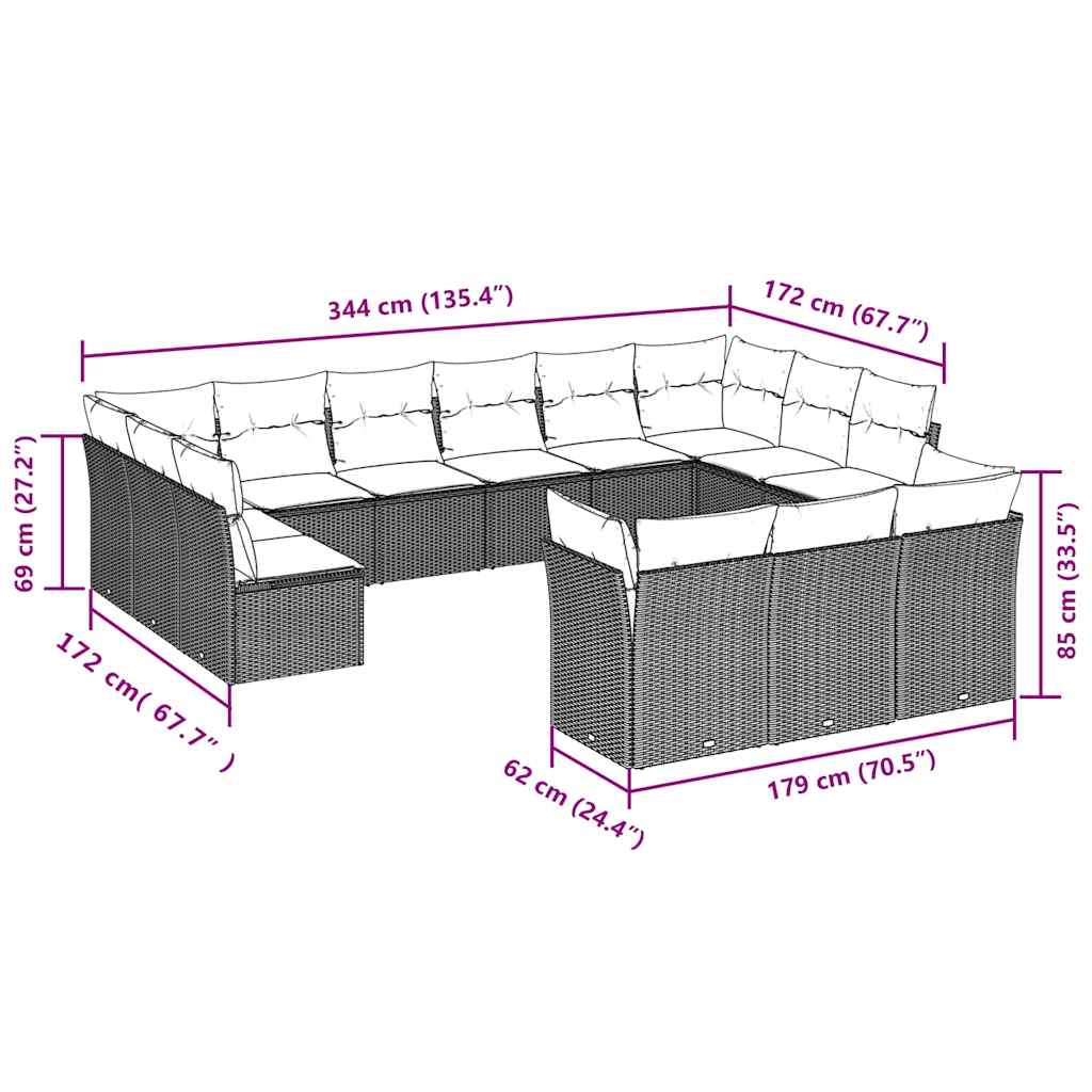 13 Pcs conjunto de sofás de jardim com almofadões vime PE preto
