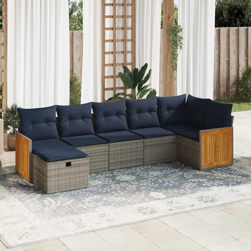7 Pcs conjunto sofás p/ jardim c/ almofadões vime PE cinzento