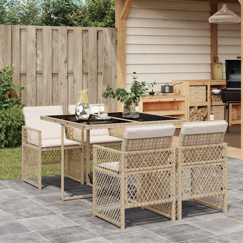 5 Pcs conjunto de jantar p/ jardim com almofadões vime PE bege