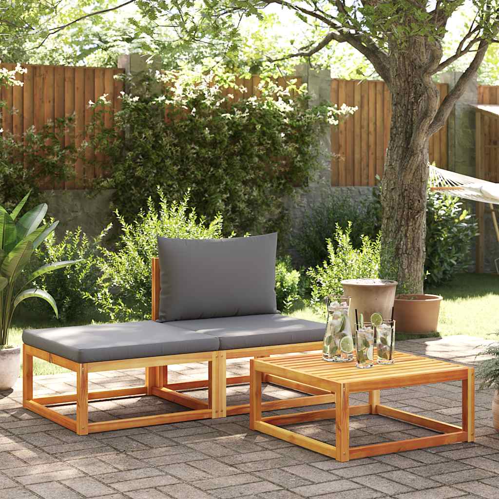 Conjunto de sofás de jardim de 3 peças com almofadas de madeira de acácia e corda