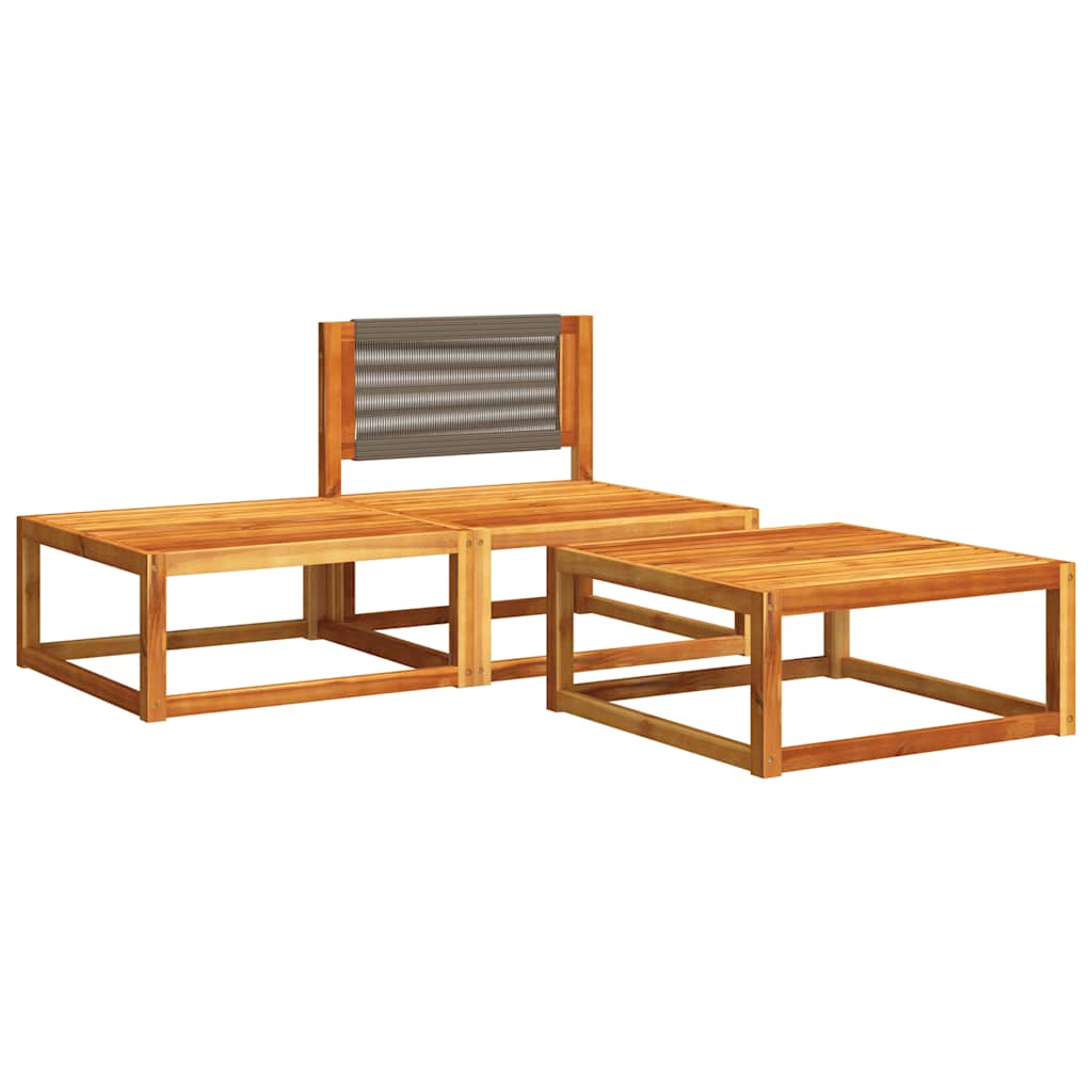 Conjunto de sofás de jardim de 3 peças com almofadas de madeira de acácia e corda