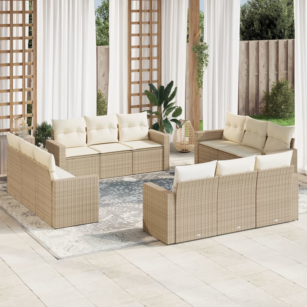 12 Pcs conjunto de sofás p/ jardim com almofadões vime PE bege