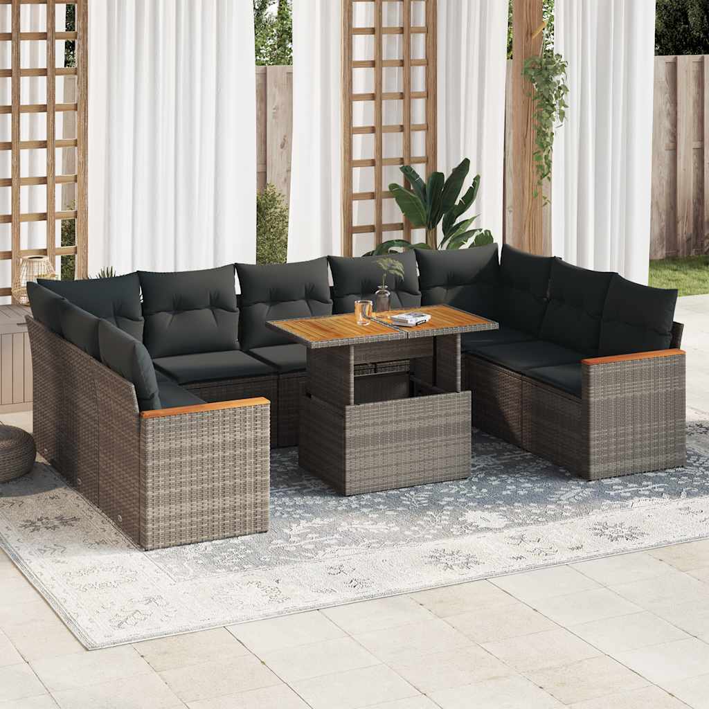 10 Pcs conjunto sofás jardim almofadões vime PE/acácia cinzento
