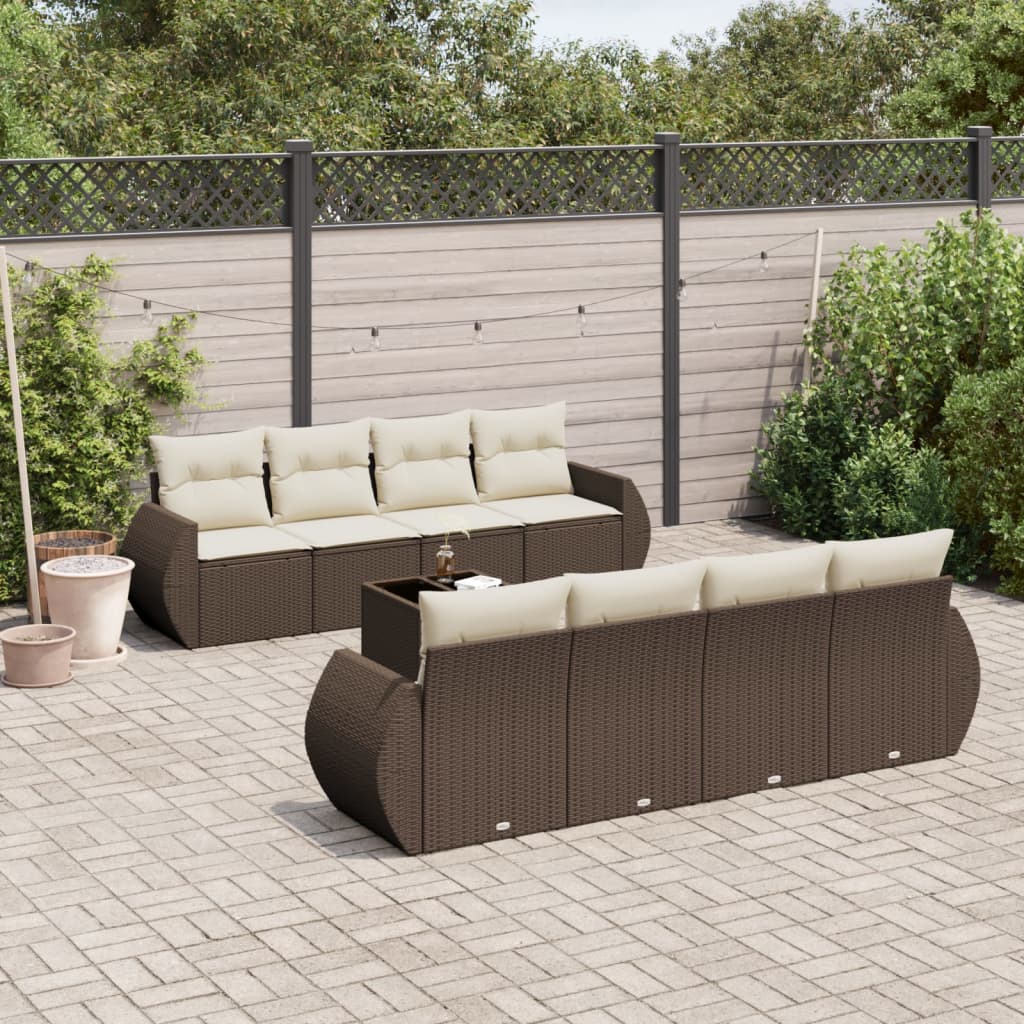 9 Pcs conjunto sofás p/ jardim c/ almofadões vime PE castanho