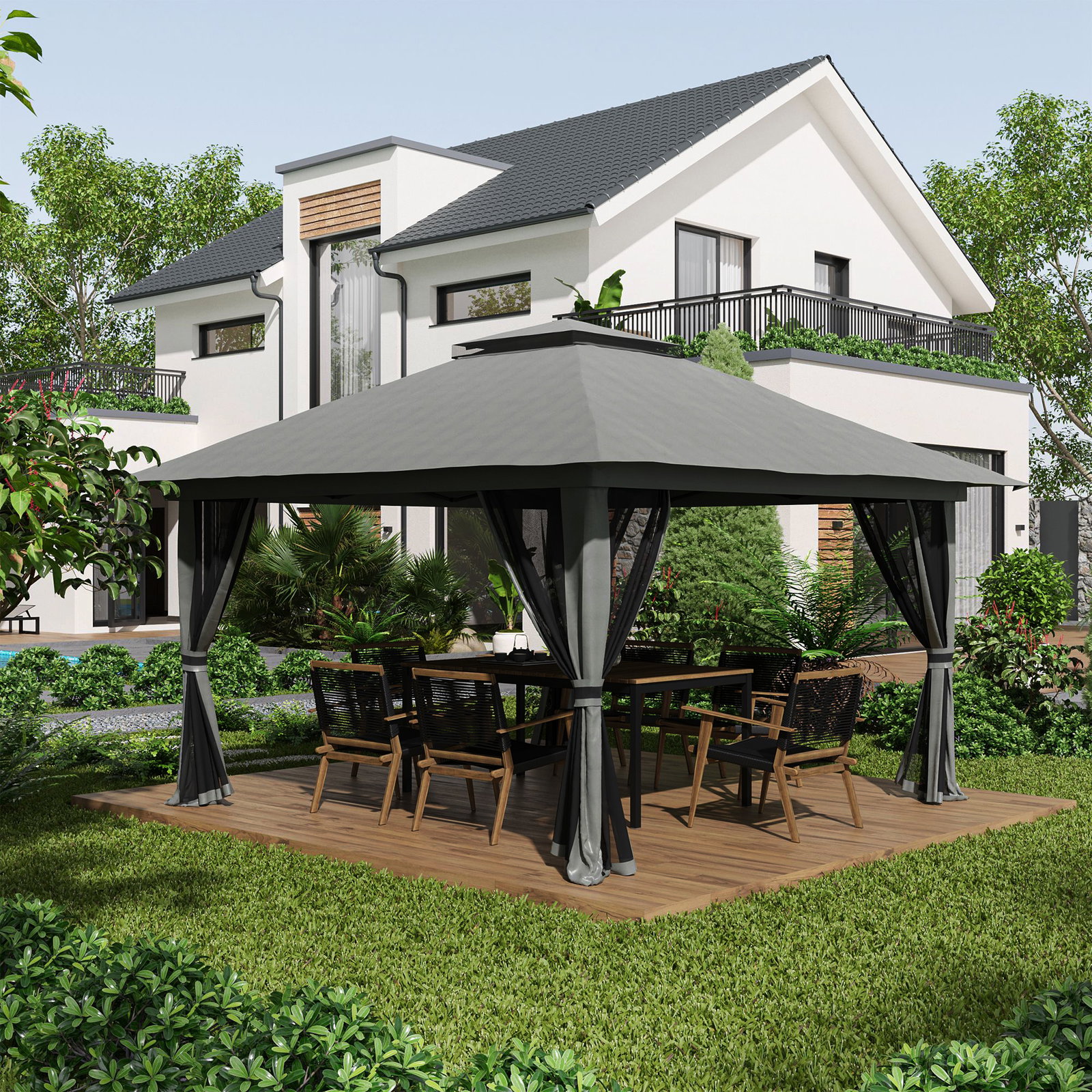 Tenda dobrável pop-up 3,92x3,92x2,83 m com altura ajustável proteção uv50+ rede mosquiteira e bolsa de transporte cinza