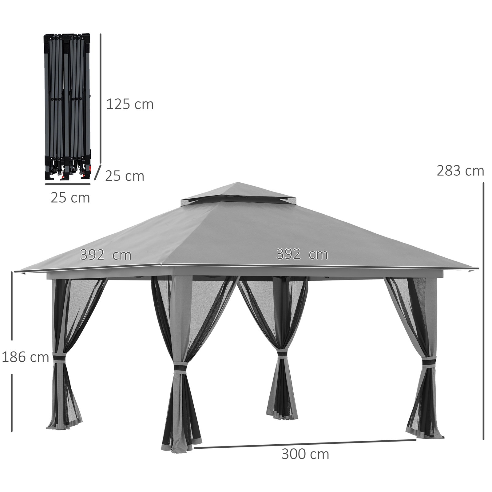 Tenda dobrável pop-up 3,92x3,92x2,83 m com altura ajustável proteção uv50+ rede mosquiteira e bolsa de transporte cinza
