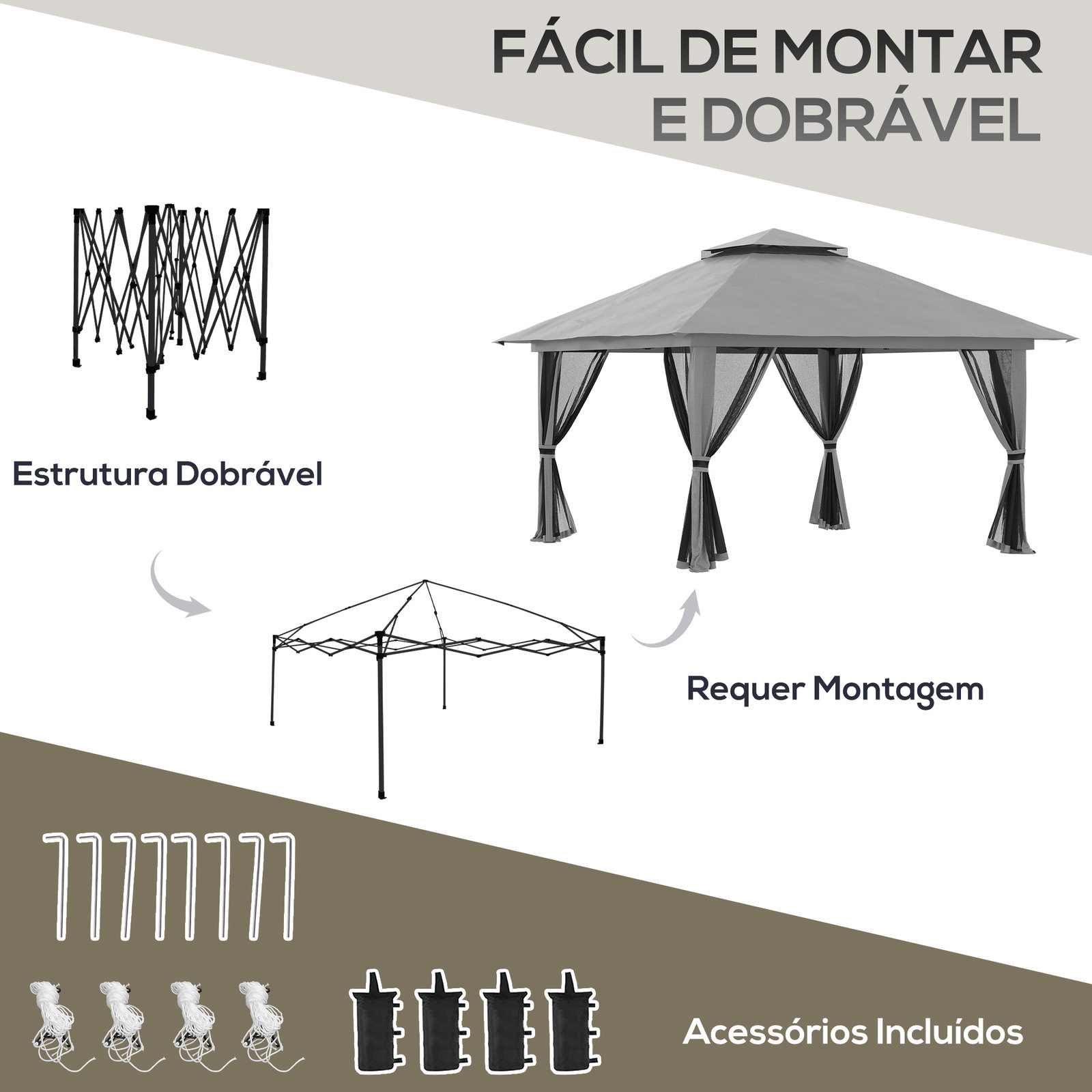 Tenda dobrável pop-up 3,92x3,92x2,83 m com altura ajustável proteção uv50+ rede mosquiteira e bolsa de transporte cinza