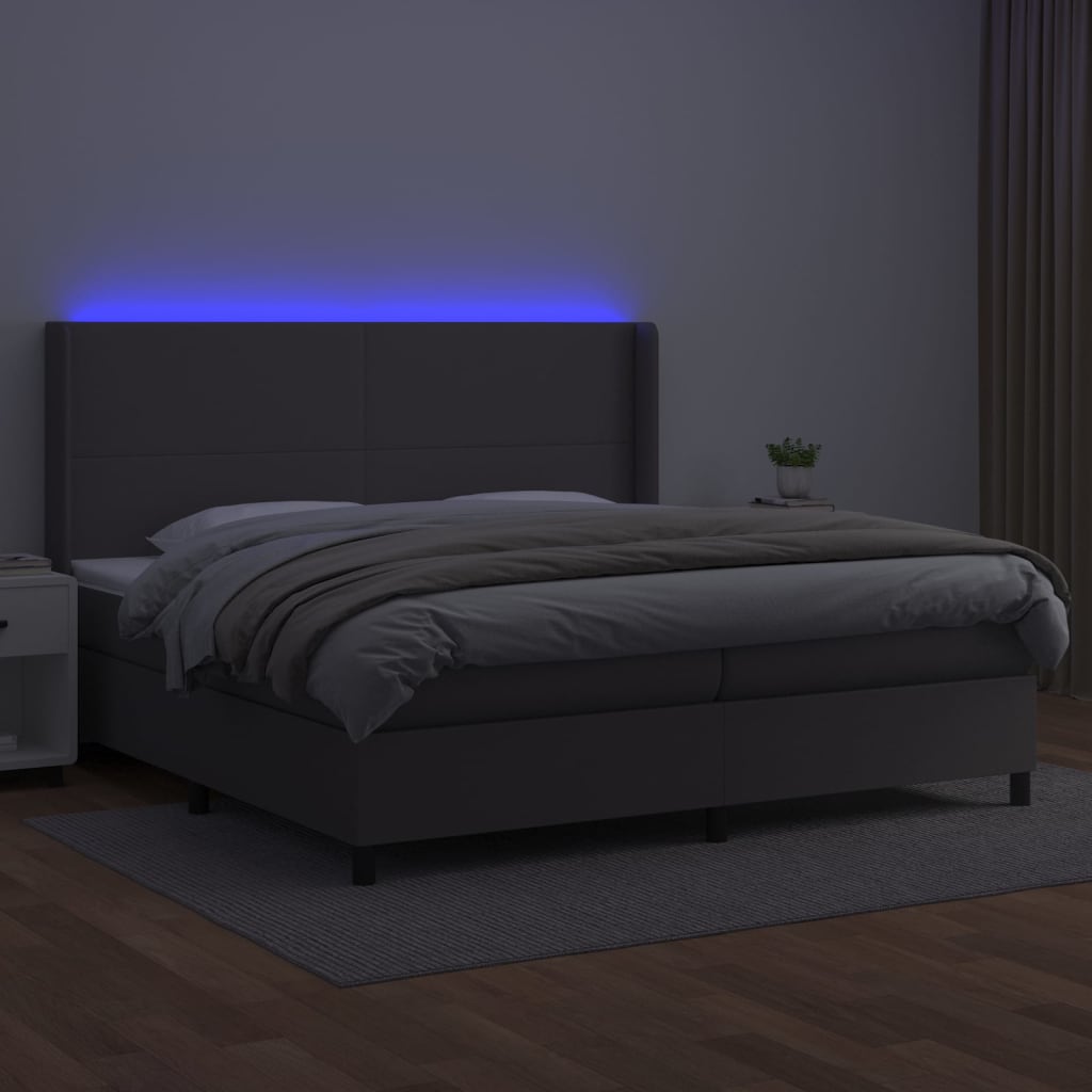 Cama box spring c/ colchão/LED 200x200cm couro artificial cinza