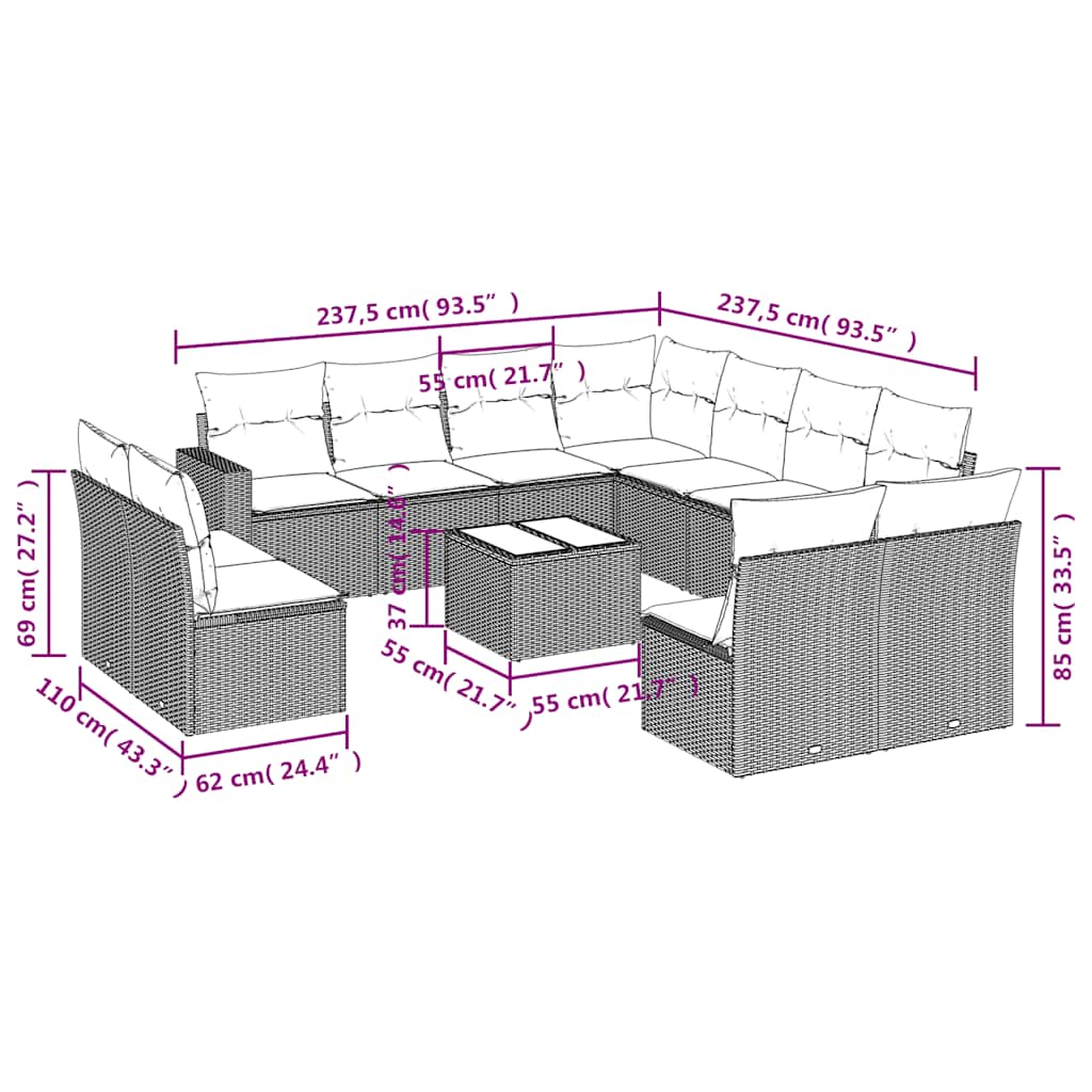 12 Pcs conjunto de sofás de jardim c/ almofadões vime PE preto