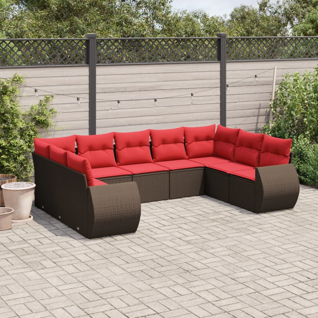 Conjunto de sofá de jardim com 9 peças e almofadas em rattan sintético marrom