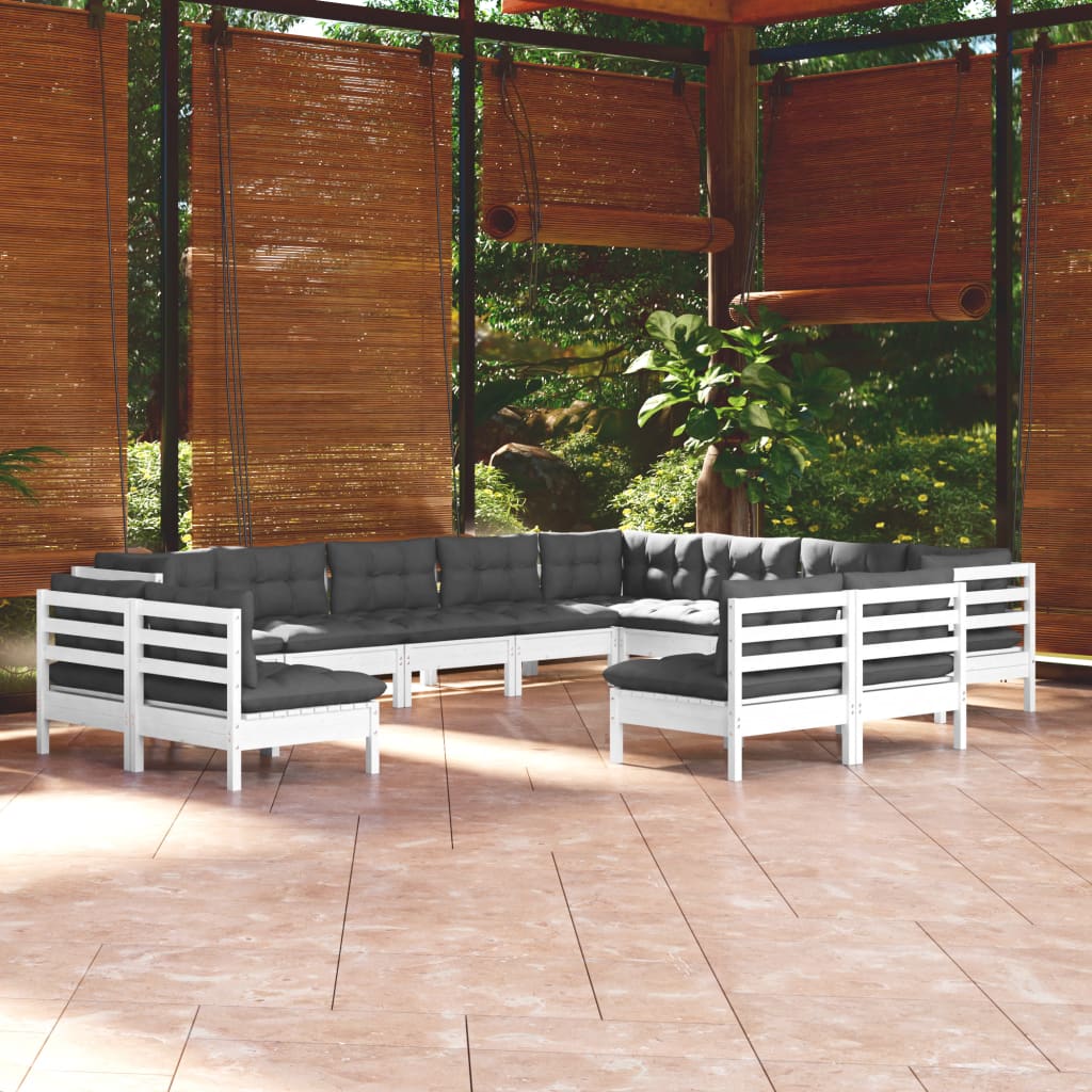 12 Pcs conj. lounge de jardim c/ almofadões pinho maciço branco