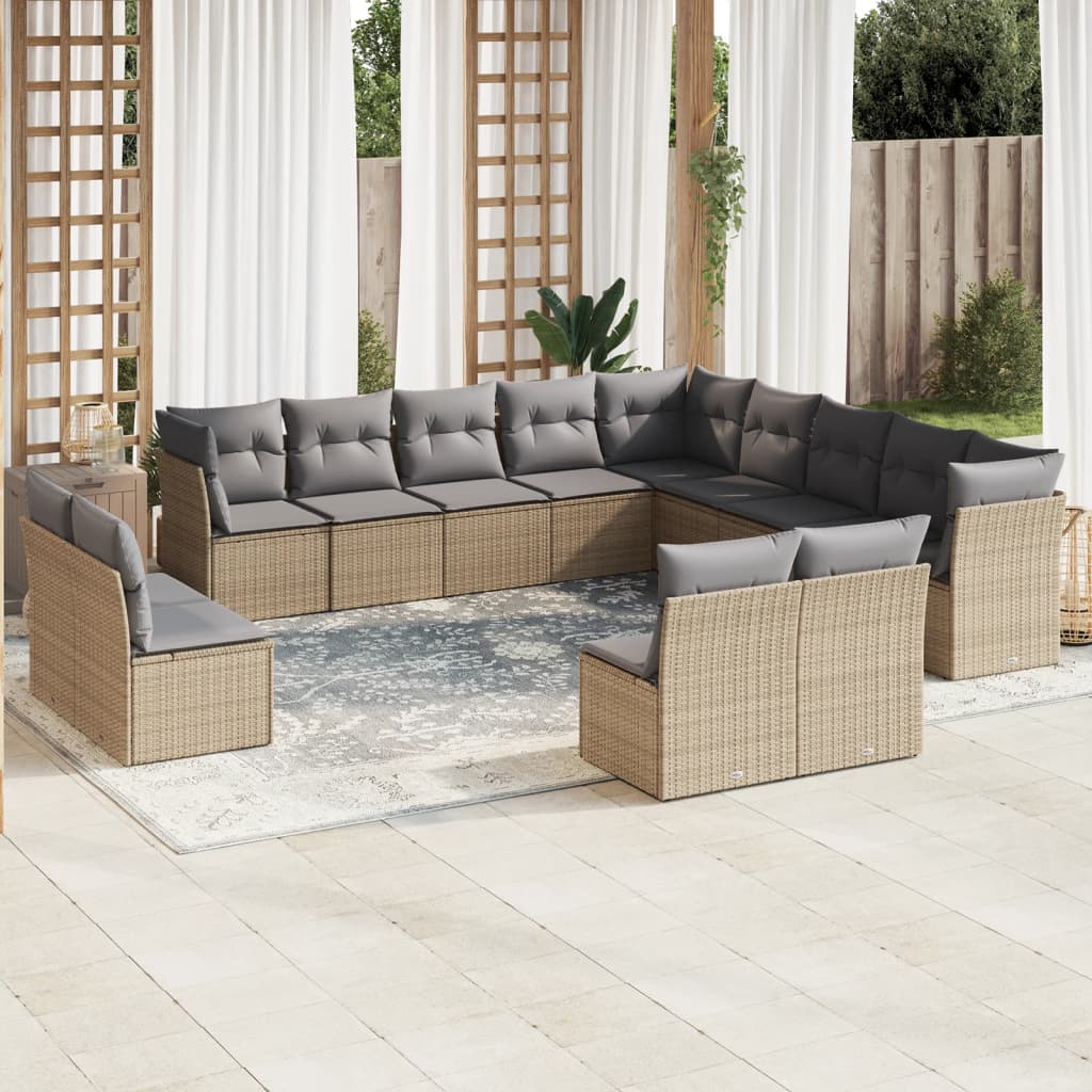 13 Pcs conjunto de sofás p/ jardim com almofadões vime PE bege