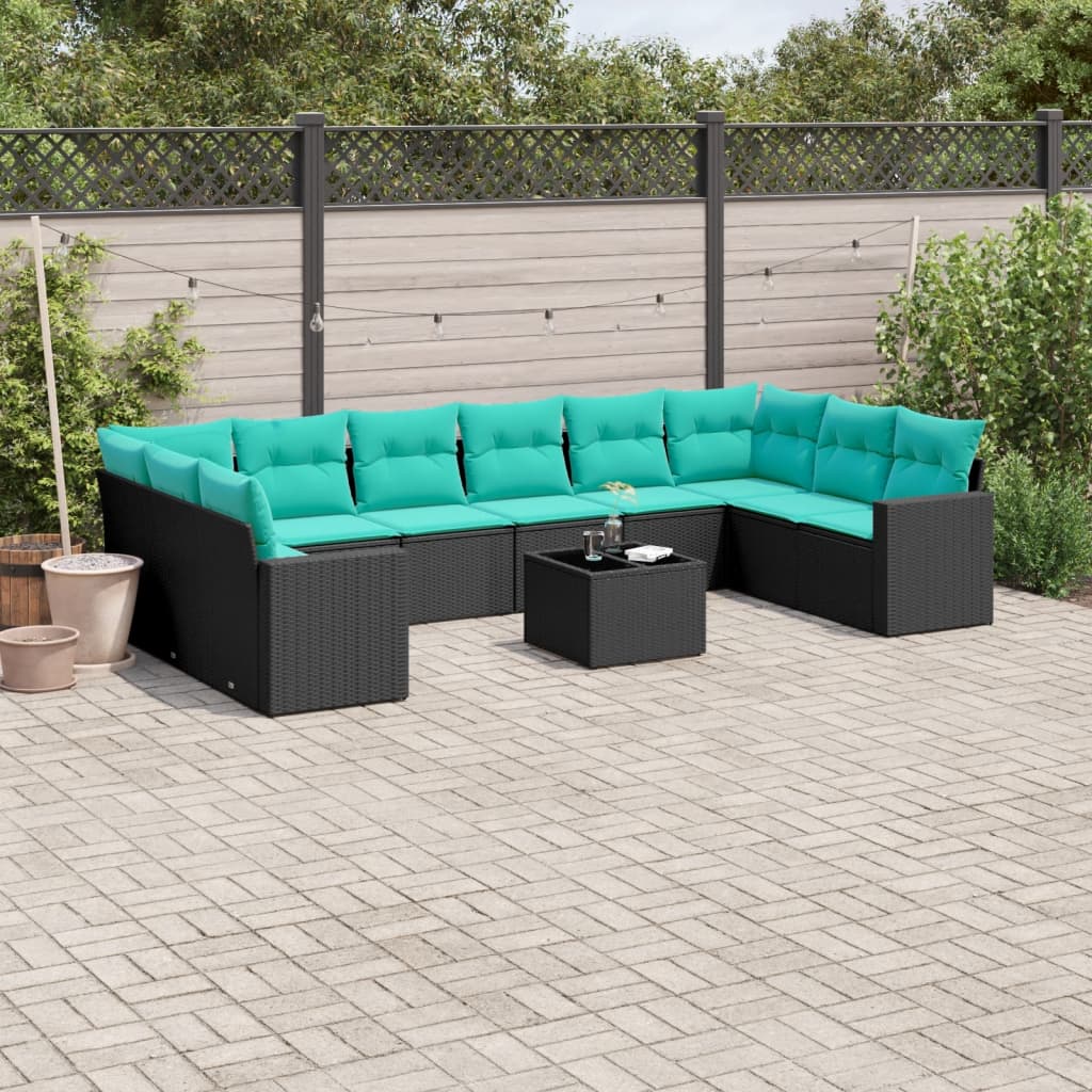 11 Pcs conjunto sofás de jardim c/ almofadões vime PE preto