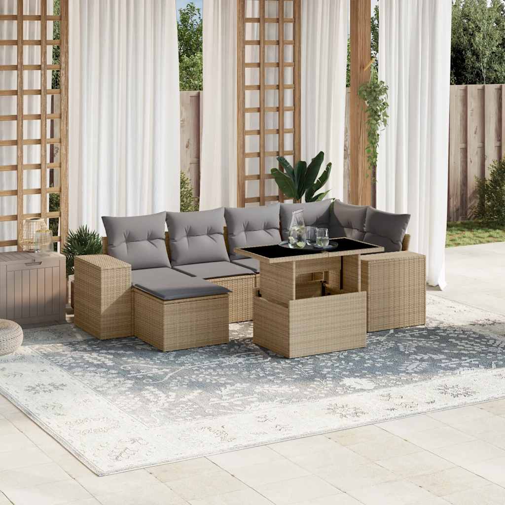 7 Pcs conjunto de sofás p/ jardim com almofadões vime PE bege