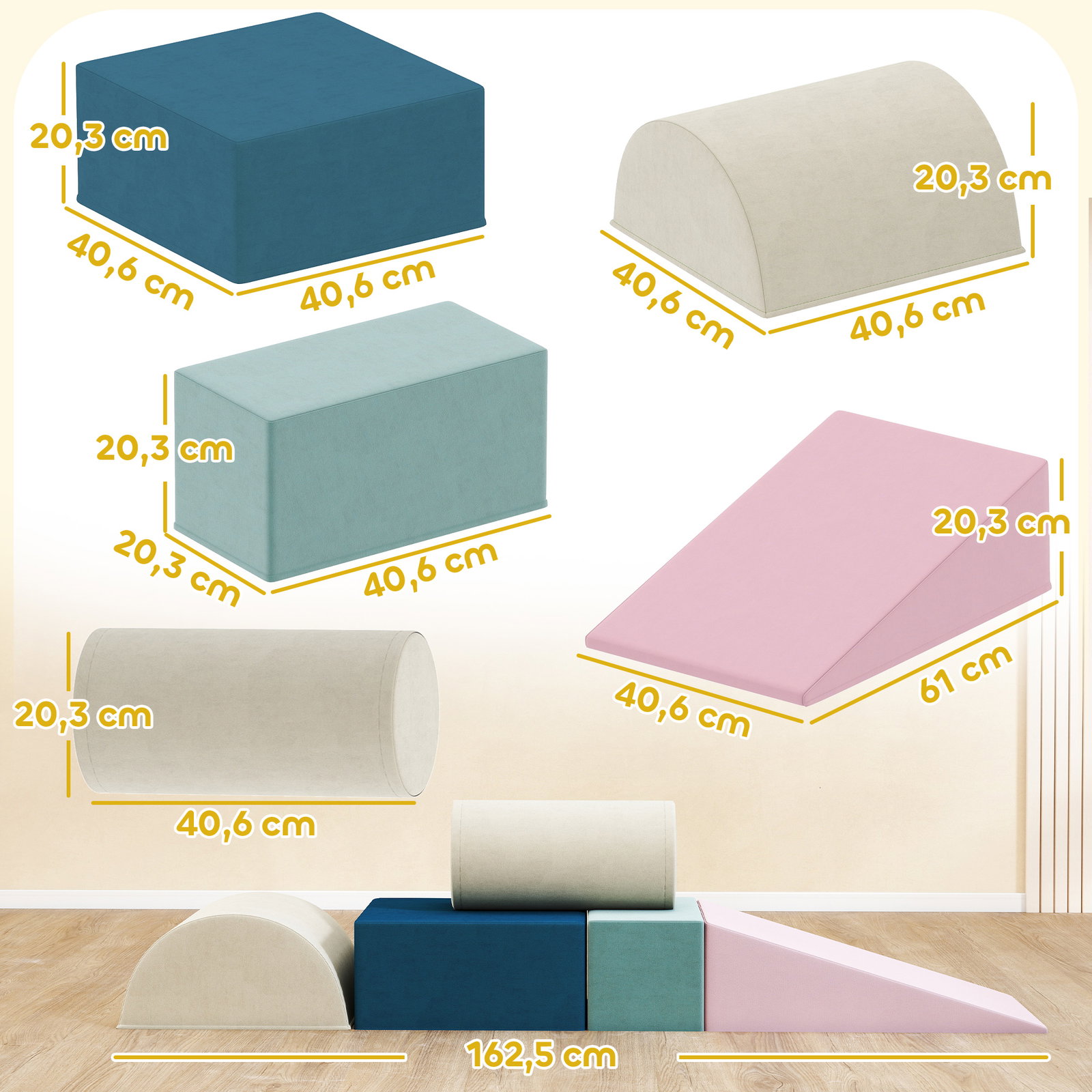 Conjunto de 5 blocos de espuma para crianças, blocos de psicomotricidade com base antiderrapante e capa removível
