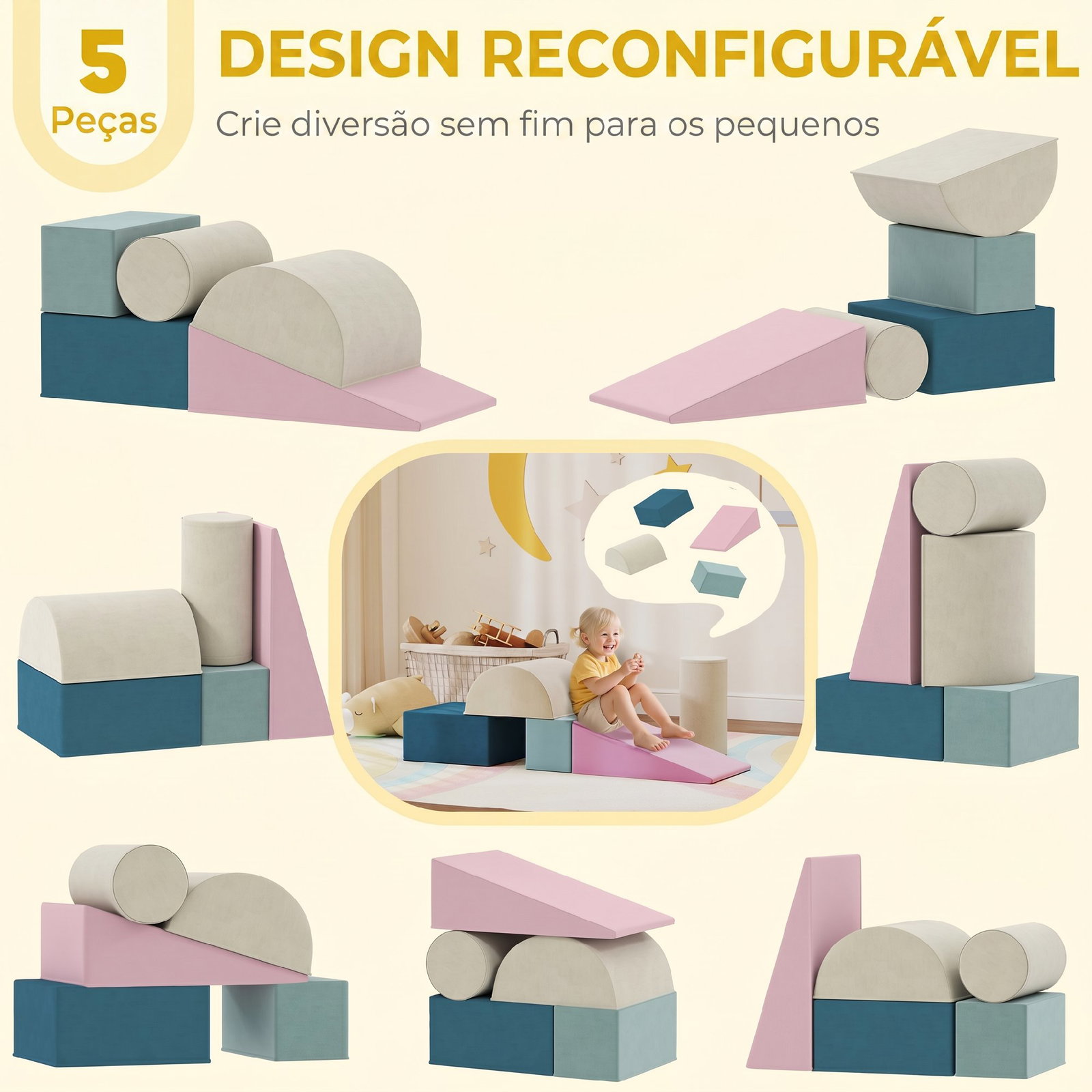 Conjunto de 5 blocos de espuma para crianças, blocos de psicomotricidade com base antiderrapante e capa removível