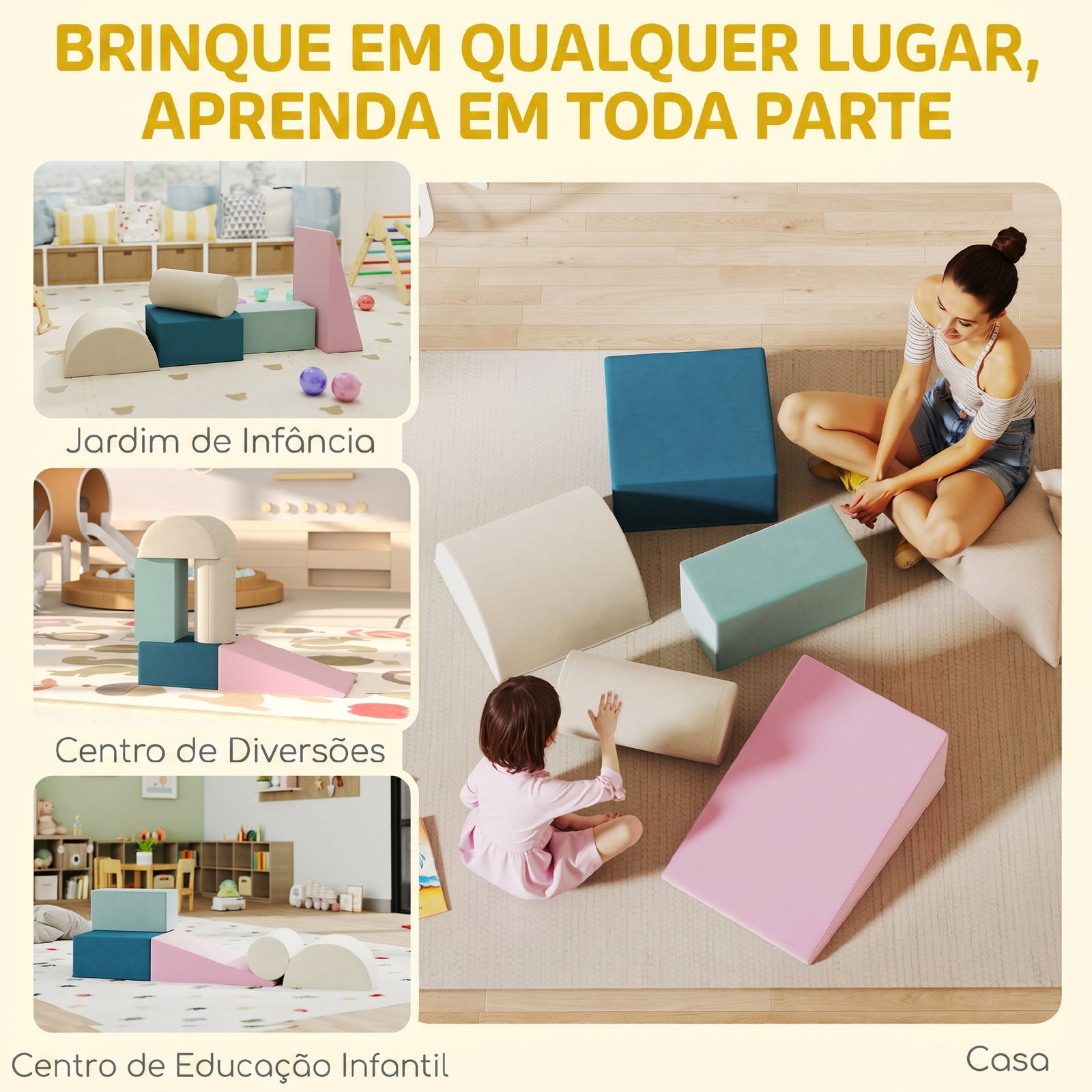 Conjunto de 5 blocos de espuma para crianças, blocos de psicomotricidade com base antiderrapante e capa removível