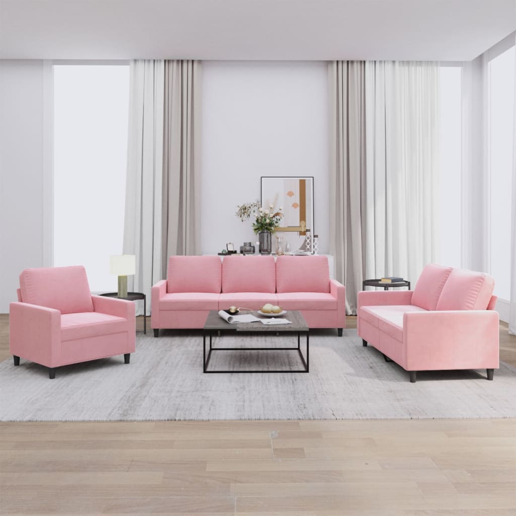 3 Pcs conjunto de sofás com almofadões veludo rosa