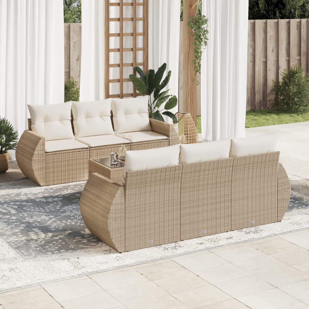 7 Pcs conjunto de sofás p/ jardim com almofadões vime PE bege
