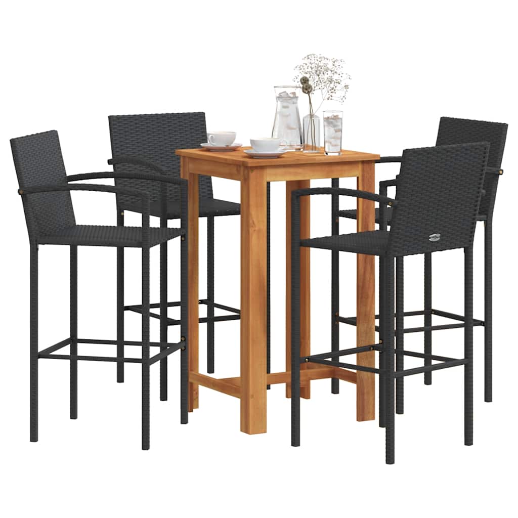 5 Pcs conjunto de bar para jardim vime PE/acácia maciça preto