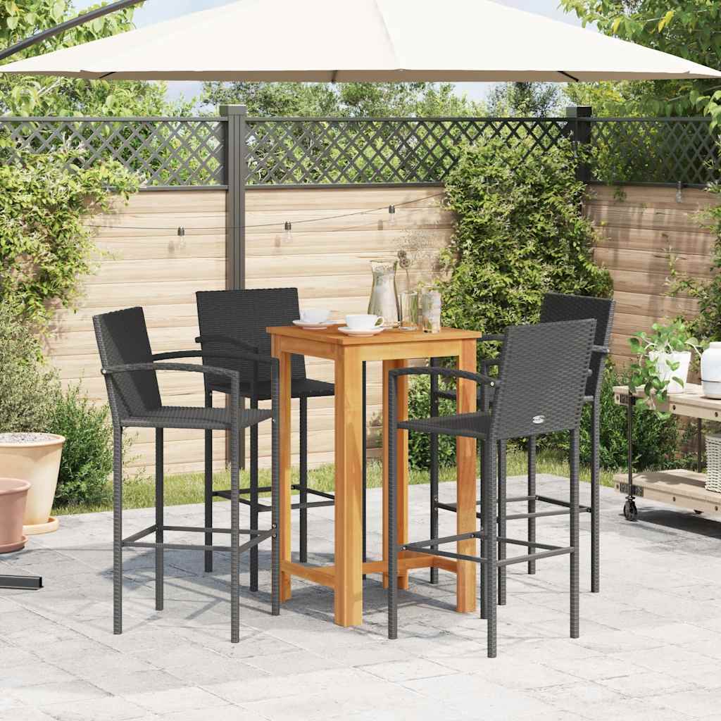 5 Pcs conjunto de bar para jardim vime PE/acácia maciça preto