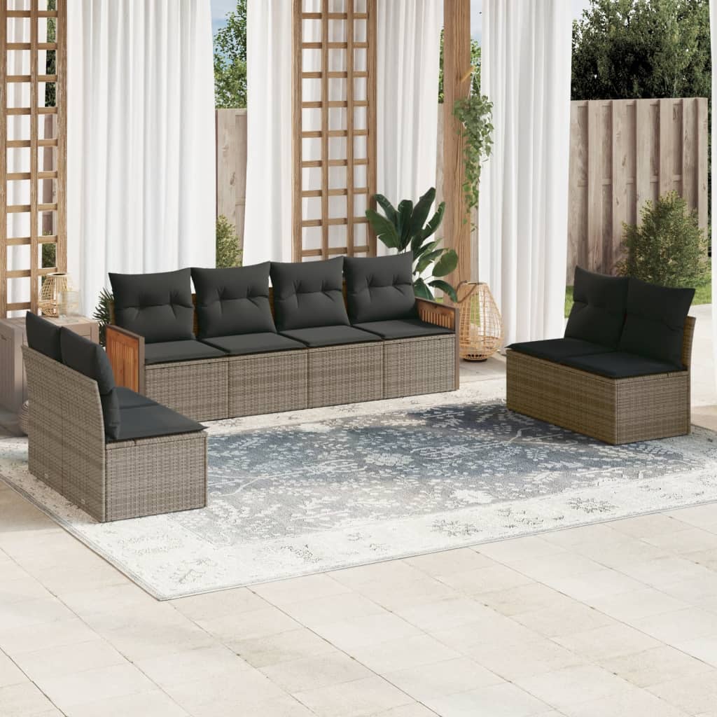 8 Pcs conjunto sofás de jardim c/ almofadões vime PE cinzento