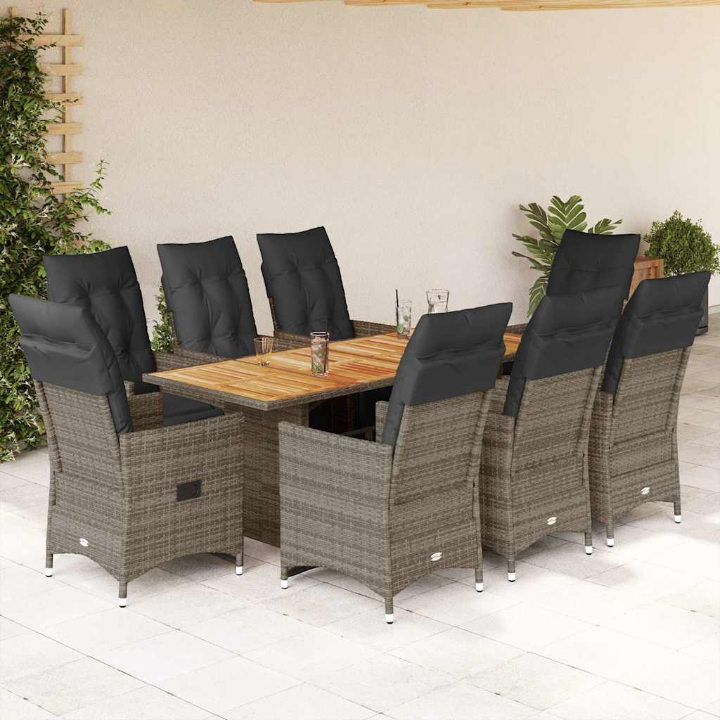 9 Pcs conjunto bistrô de jardim c/ almofadões vime PE cinzento