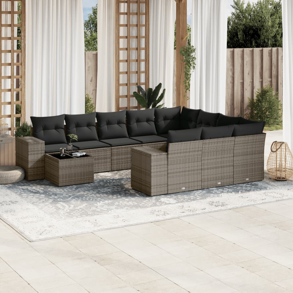 11 Pcs conjunto sofás de jardim c/ almofadões vime PE cinzento