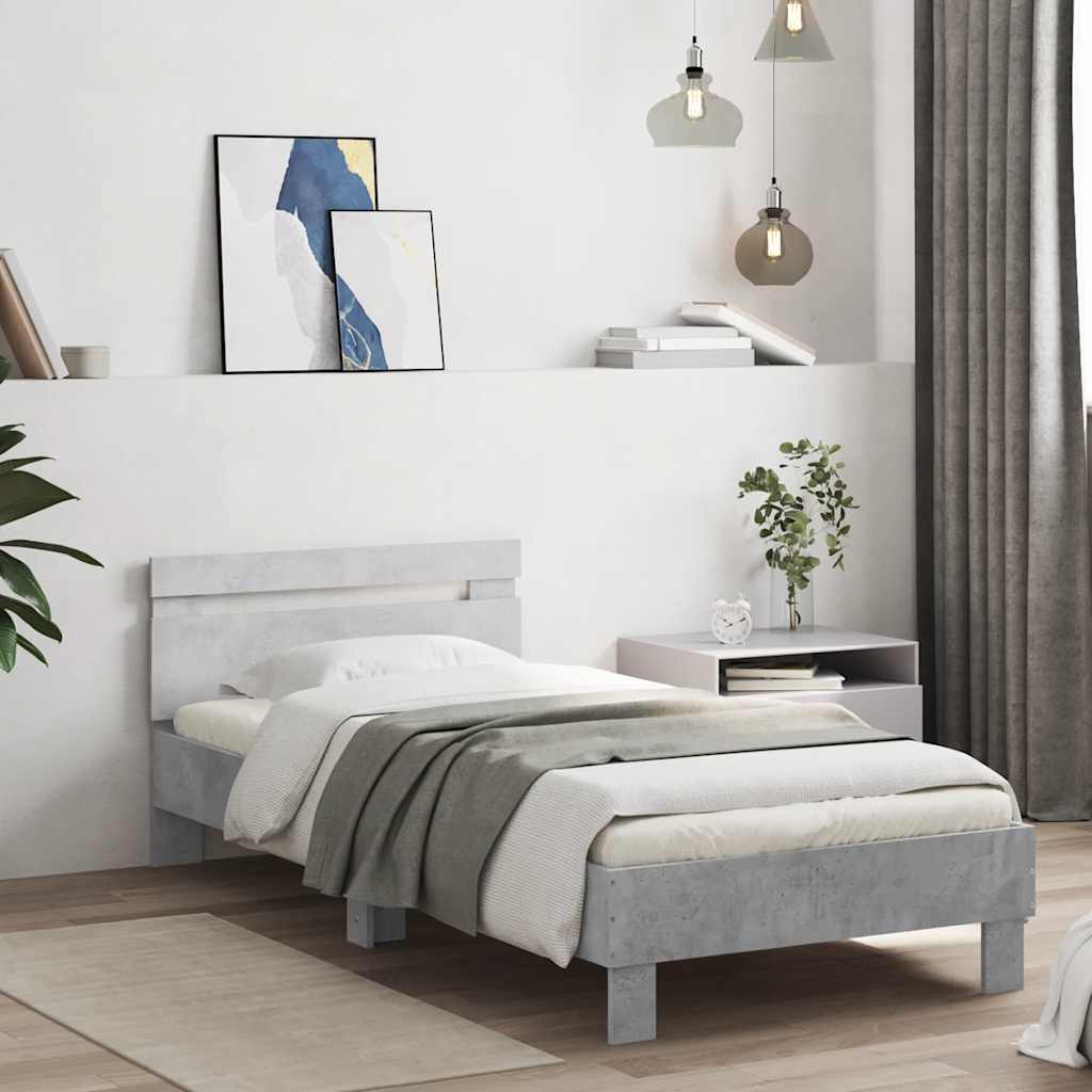 Estrutura de cama c/ cabeceira/luzes LED 90x190cm cinza cimento