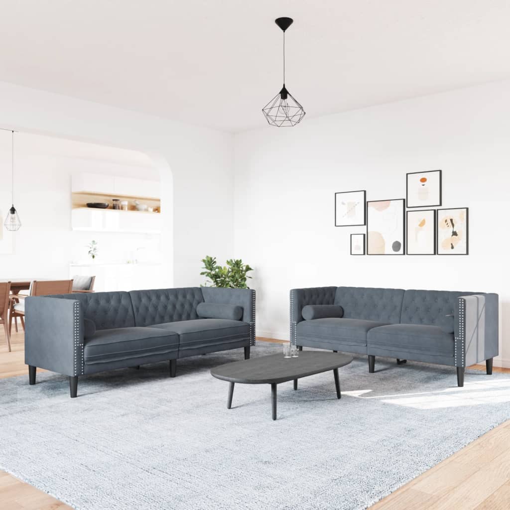 2 Pcs conj. de sofás chesterfield com rolos veludo cinza-escuro
