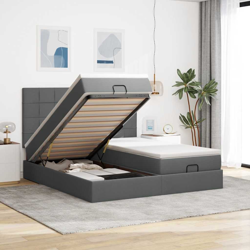 Estrutura de cama otomana com colchões tecido cinzento escuro