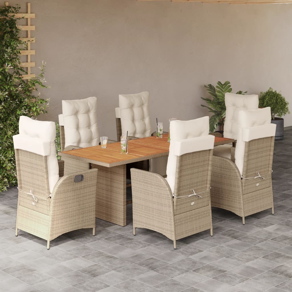 7 Pcs conjunto de jantar p/ jardim com almofadões vime PE bege