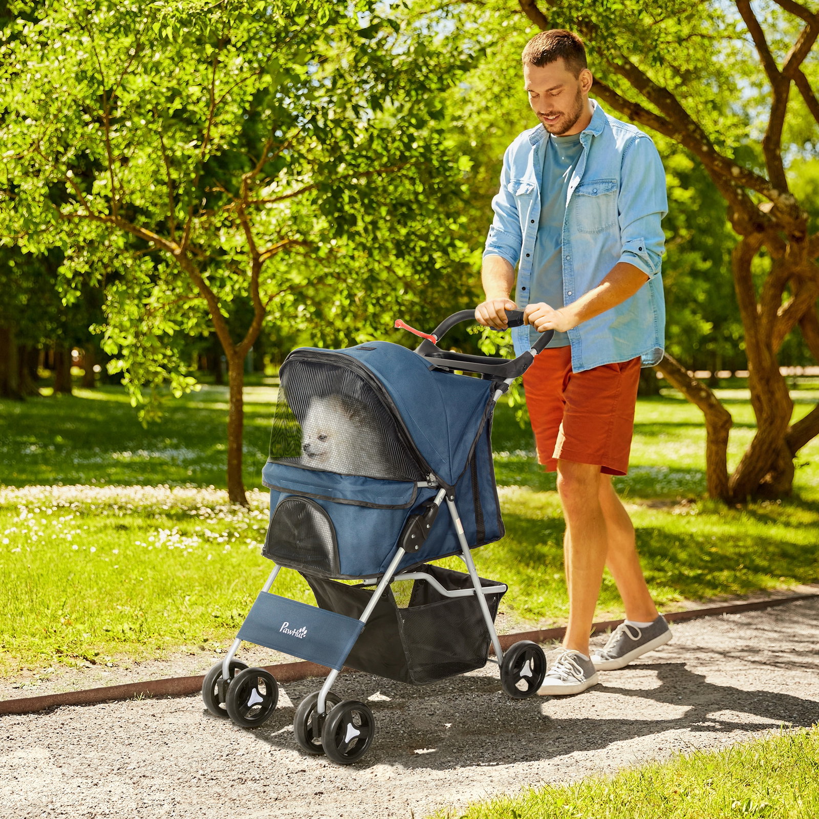 Carrinho para animais de estimação dobrável com capô ajustável cesta de armazenamento 74x46x94 cm azul escuro