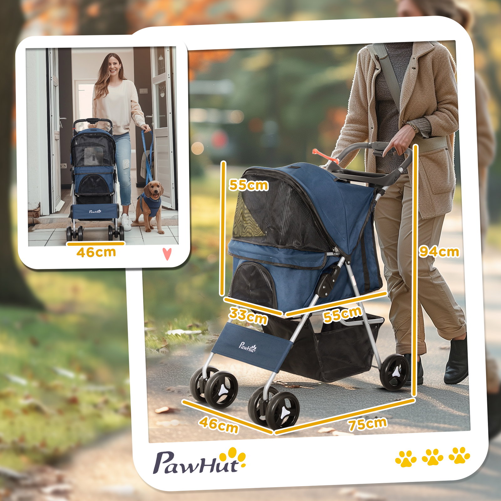Carrinho para animais de estimação dobrável com capô ajustável cesta de armazenamento 74x46x94 cm azul escuro