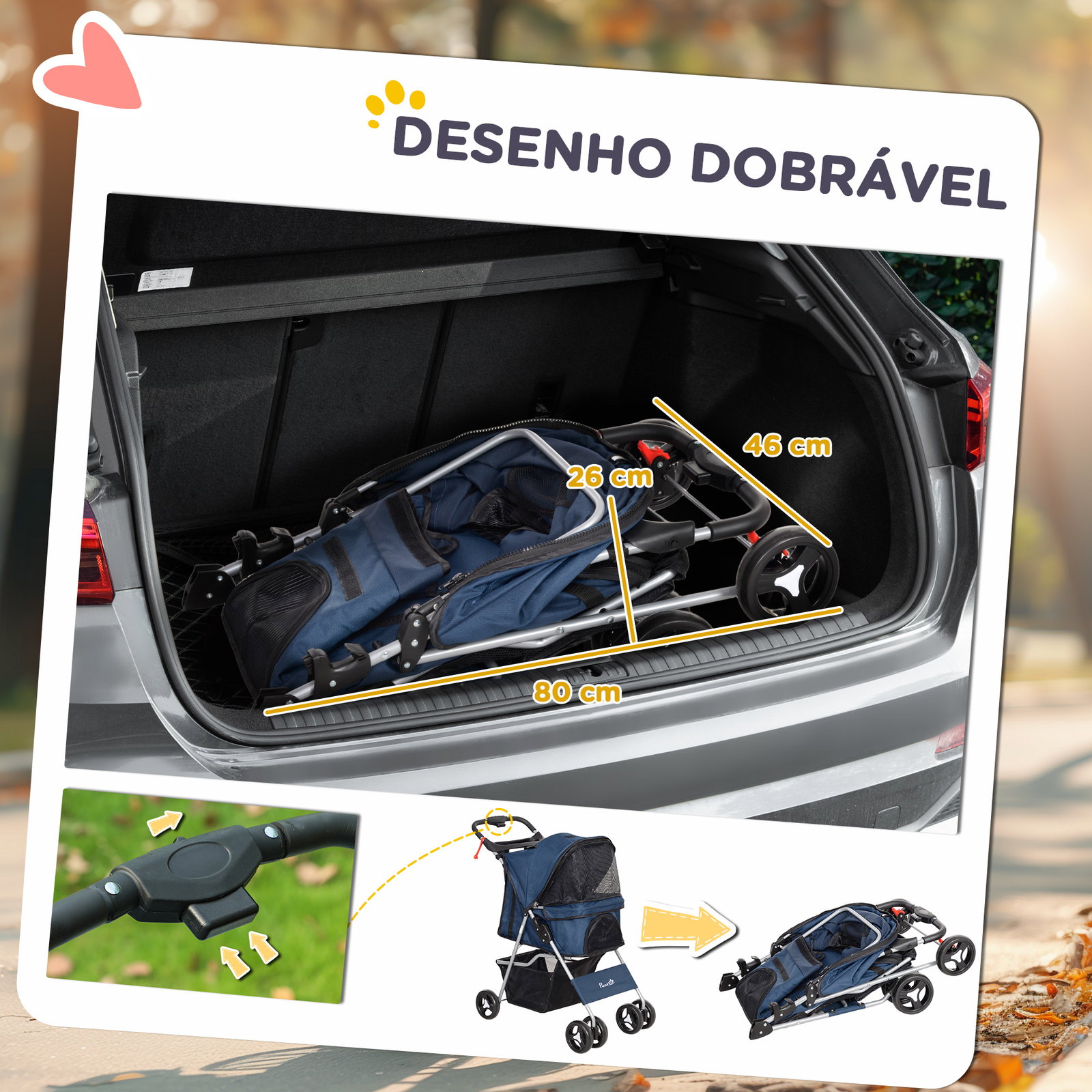 Carrinho para animais de estimação dobrável com capô ajustável cesta de armazenamento 74x46x94 cm azul escuro