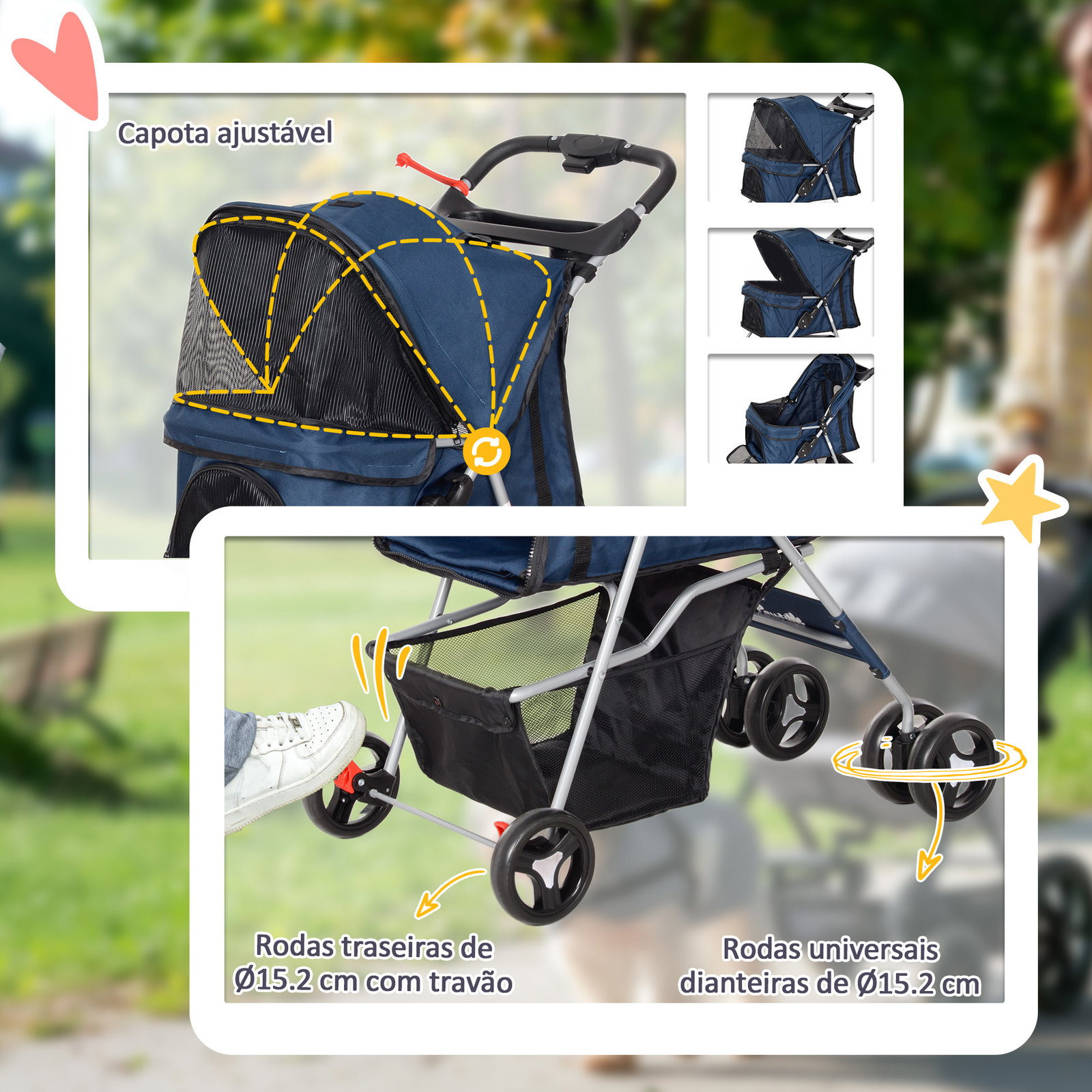 Carrinho para animais de estimação dobrável com capô ajustável cesta de armazenamento 74x46x94 cm azul escuro