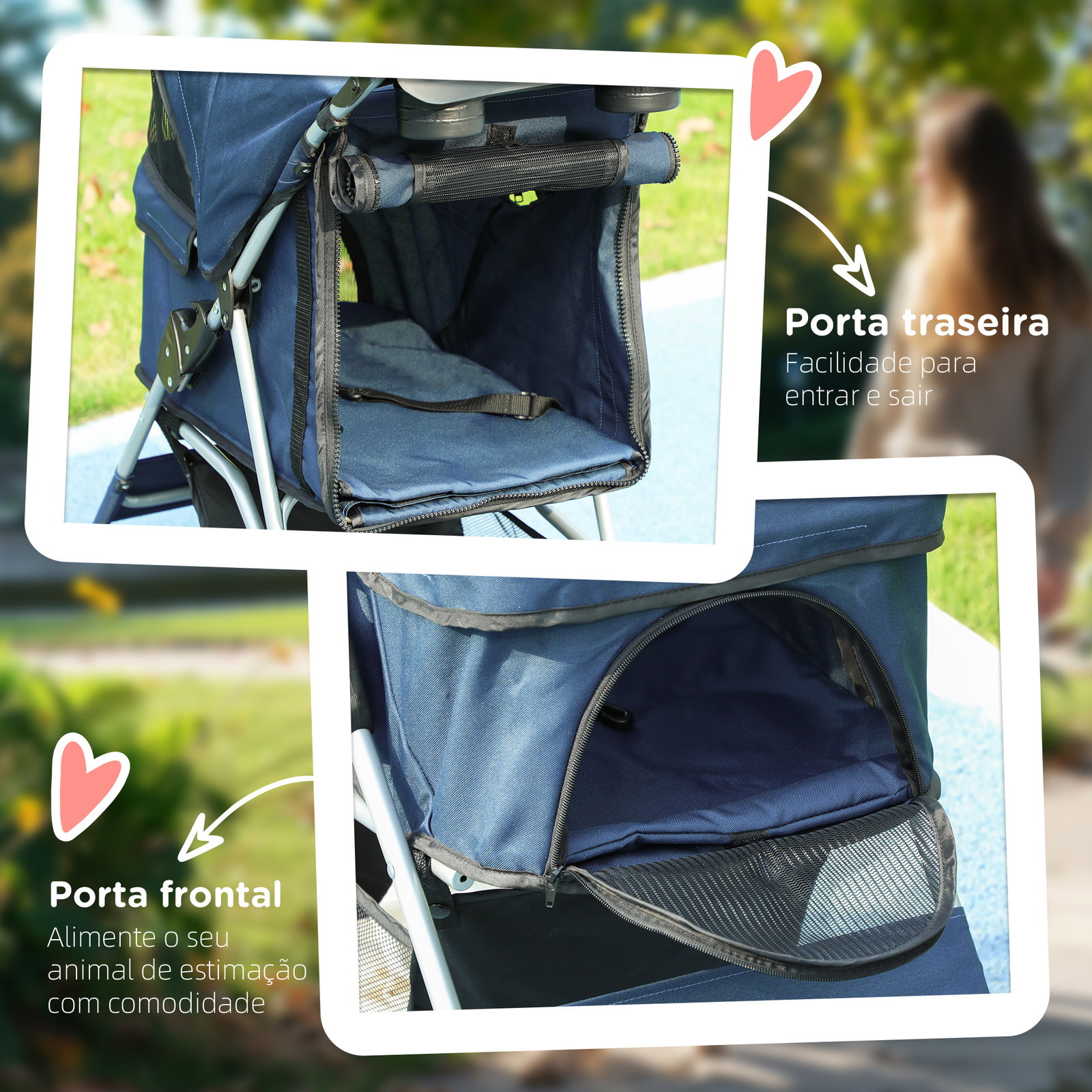 Carrinho para animais de estimação dobrável com capô ajustável cesta de armazenamento 74x46x94 cm azul escuro