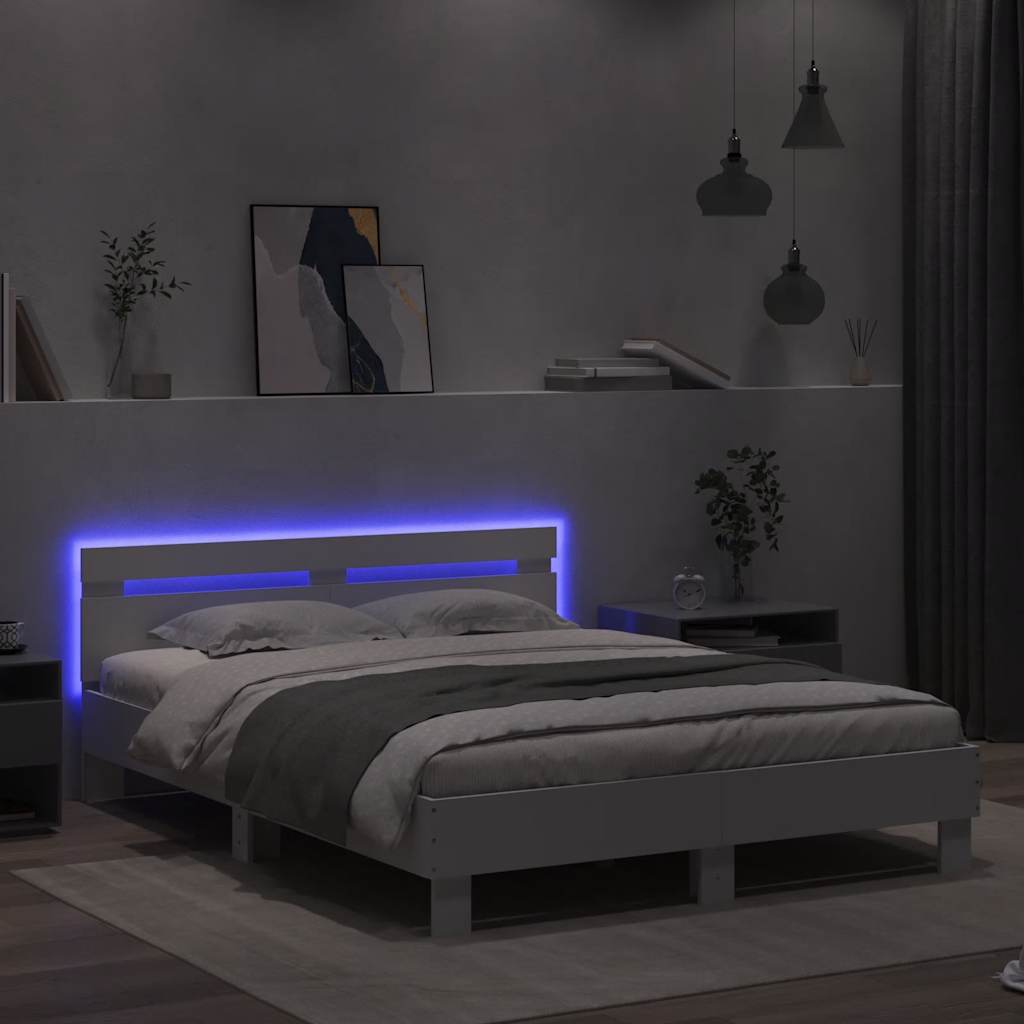 Estrutura de cama com cabeceira e luzes LED 140x200 cm branco