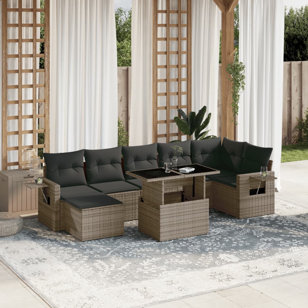 8 Pcs conjunto sofás de jardim c/ almofadões vime PE cinzento