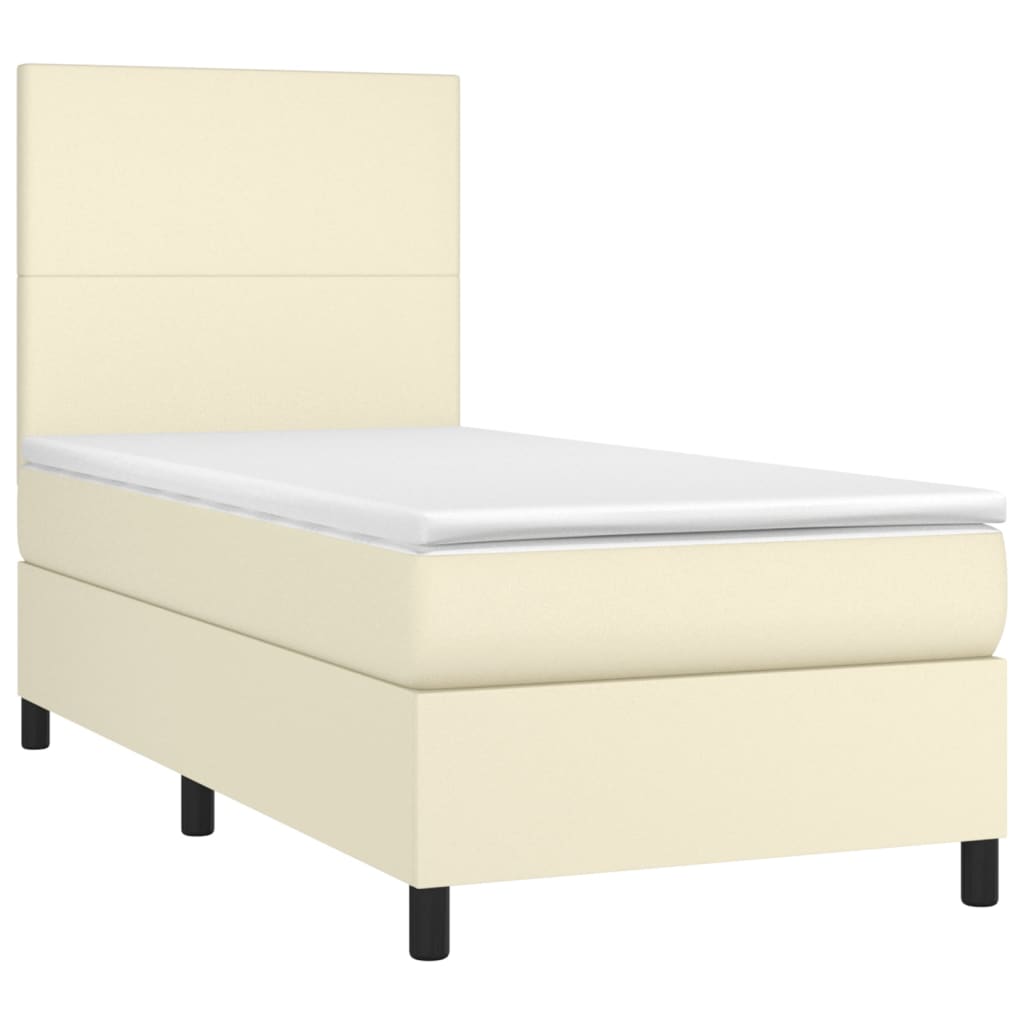 Cama box spring c/ colchão/LED 90x190 cm couro artificial creme