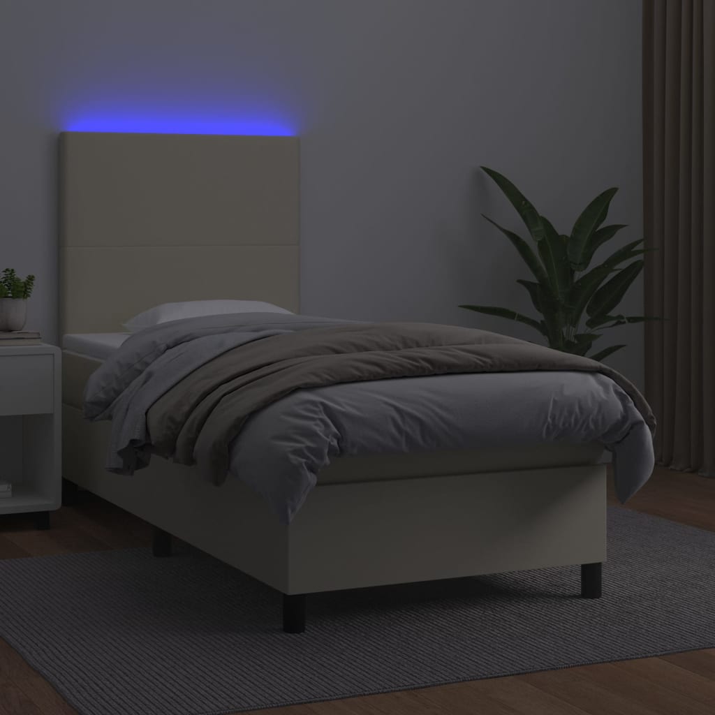 Cama box spring c/ colchão/LED 90x190 cm couro artificial creme