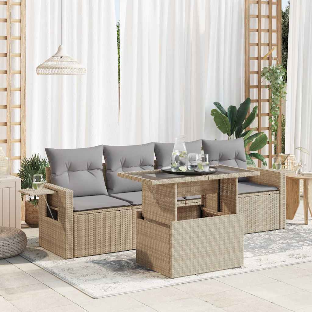 5 Pcs conjunto de sofás p/ jardim com almofadões vime PE bege