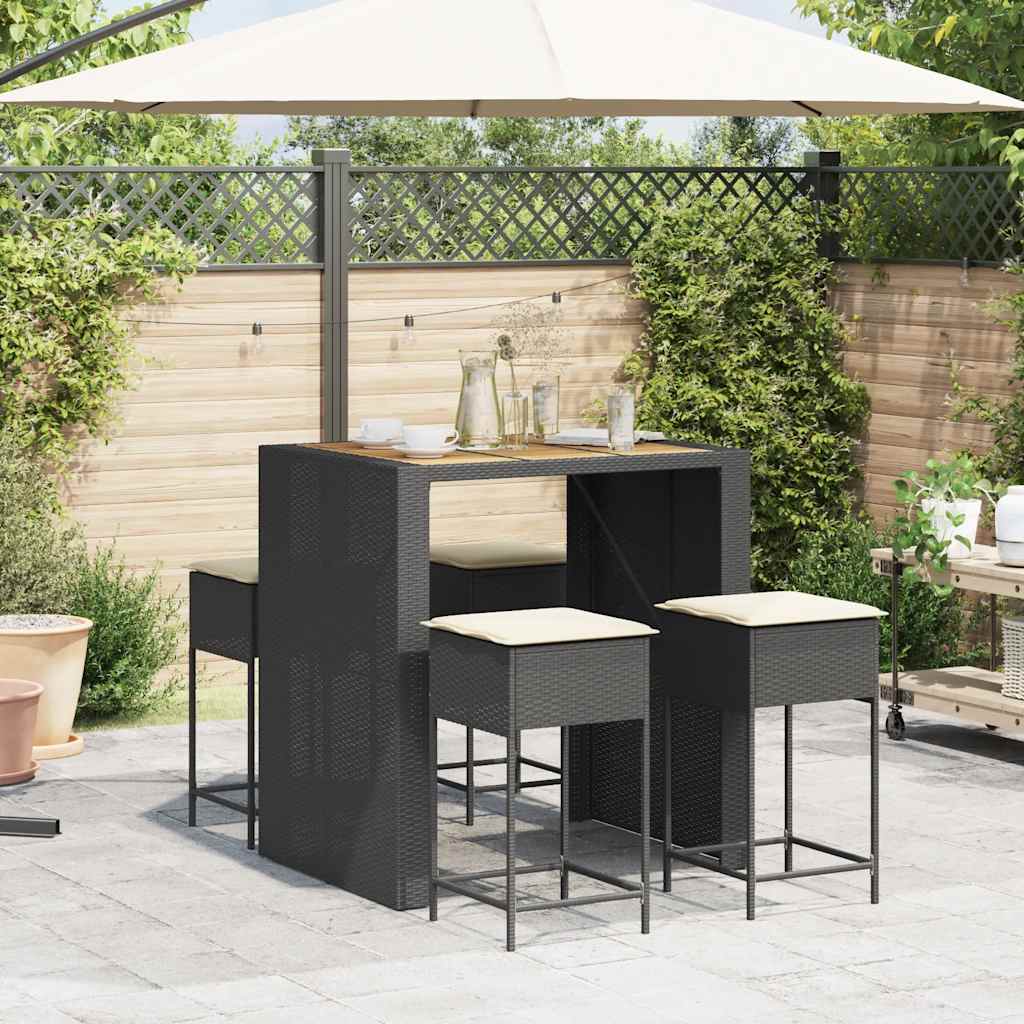5 Pcs conjunto de bar p/ jardim c/ almofadões vime PE preto